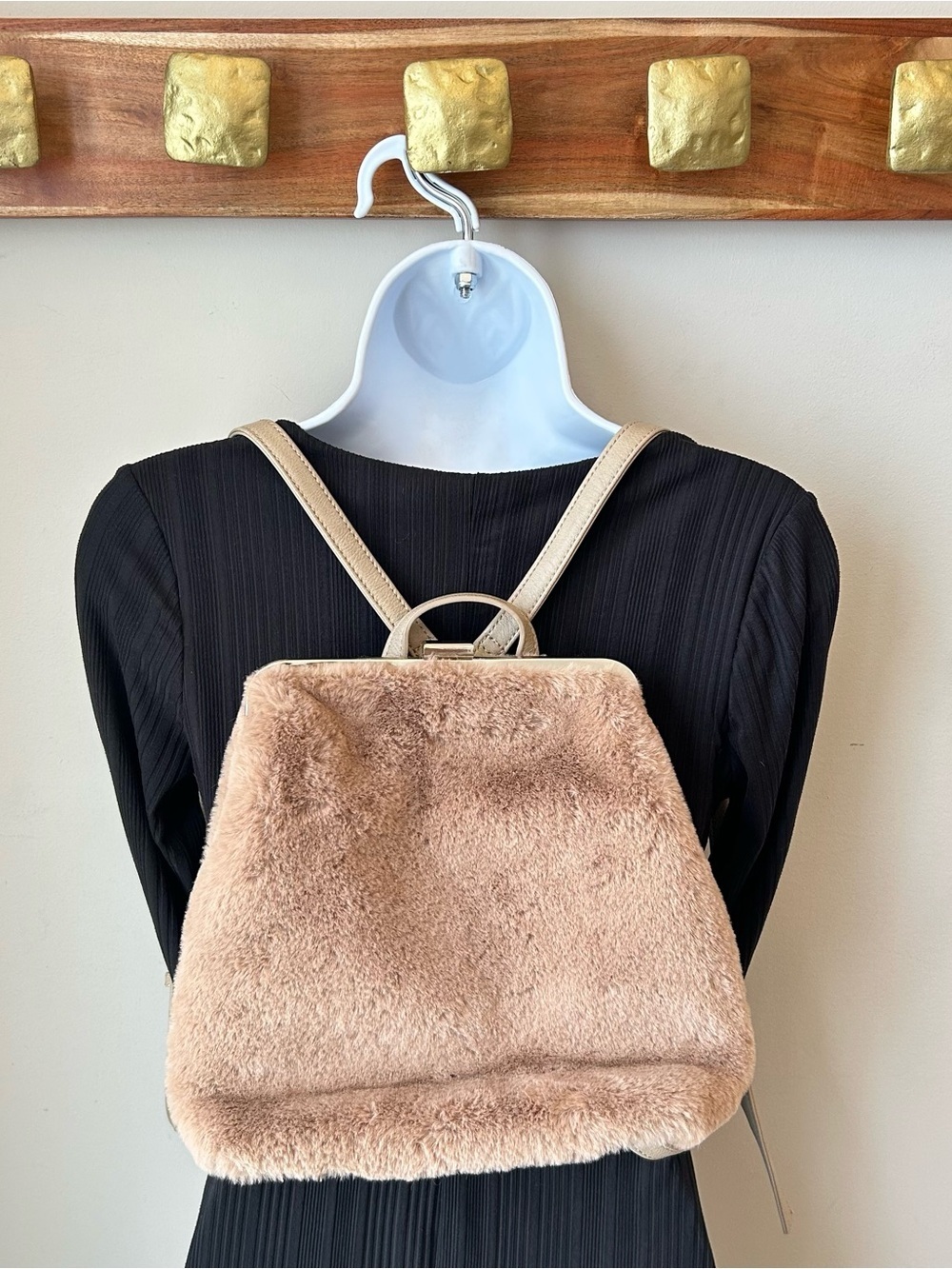 Enzo Angiolini Soft Faux Fur Backpack in Light Beige with Tan Straps